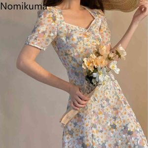 Nomikuma Vintage Sweet Dress Femmes Col Carré À Manches Courtes Floral Imprimé Robes Femme D'été Coréen Vestidos Mujer 210514