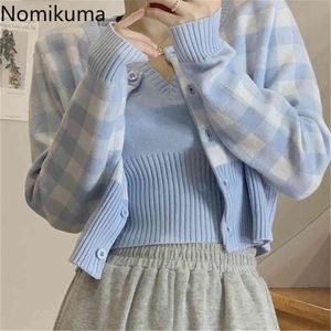 Nomikuma vintage zoete plaid vrouwen sets single breasted korte trui vest + mouwloze V-hals vest pakken 6E836 210805