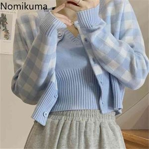 Nomikuma vintage zoete plaid vrouwen sets single breasted korte trui cardigan + mouwloze V-hals vest pakken 6E836 210806