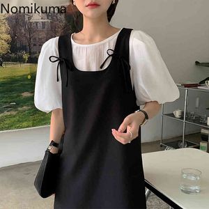 Nomikuma vrouw jurk sets causale perspectief bladerde blouses + zoete bowknot tank jurk Koreaanse chique 2 stuks pakken 6G667 210427