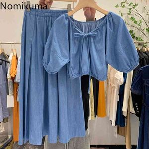 Nomikuma Femme Jeans Jupe Ensembles Noeud Papillon O-cou À Manches Courtes Crop Top Chemise + Haute Wiast A-ligne Jupes Coréenne 2 Pièces Costumes 6H316 210427