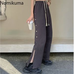 Nomikuma vrouw broek Koreaanse zijknoppen splitsen lange broek causale veter omhoog hoge taille brede been broek pantalones de mujer 6h158 210427