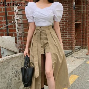 Nomikuma vrouwen rok sets slanke korte bladerdeeg v-hals blouse tops + hoge taille onregelmatige rokken Koreaanse elegante outfits 6G136 210427