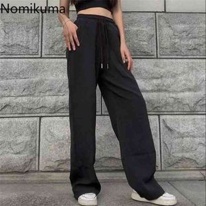 Nomikuma Femmes Swetpants À Lacets Stretch Taille Haute Longue Trousewrs Coréen Causal Solide Pantalon À Jambes Larges Pantalones De Mujer 6G368 210427