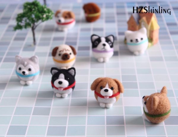 NON-FINESS 9 chiens bricolage en laine Felting Felting Fabriqué à la main Shiba inu chien jouet poupée de laine de laine en feutre cachet pour le stitch aiguille débutant