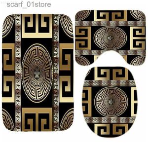 Tapis de bain antidérapants de luxe noir or clé grecque bordure méandre ensemble de tapis de bain moderne géométrique orné tapis de porte de salle de bain pour tapis de sol de toilette DecorL231012