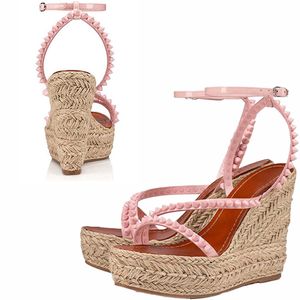 Niet -slipzolen Wedge Sandaal Retro Designer Slides Sandalen voor vrouwen enkelband Heels Designer Sandalias Roze Peep Toe schoenen Sandalia