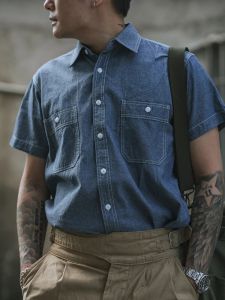 Niet -stock zomer chambray shirt met korte mouwen lichtblauwe heren casual werk shirt