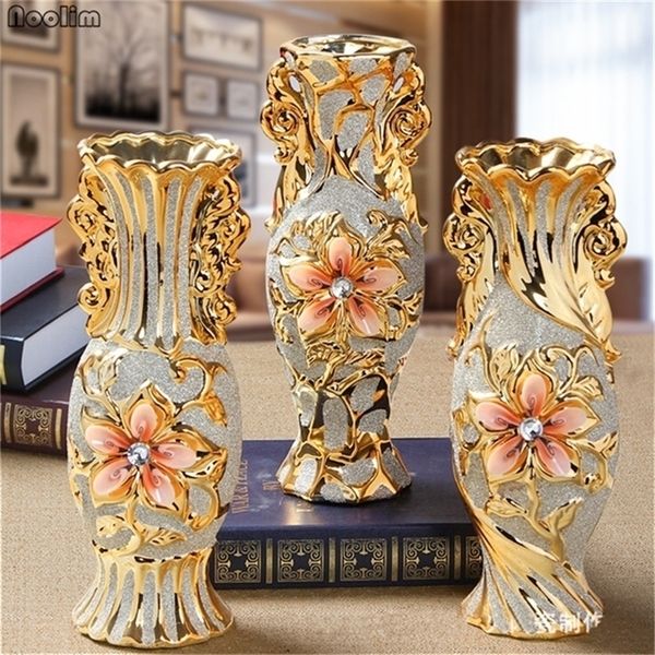 NOOLIM Europe Plaqué Or Vase En Porcelaine Givrée Vintage Fleur En Céramique Avancée pour Chambre Étude Couloir Maison Mariage Décor 220628