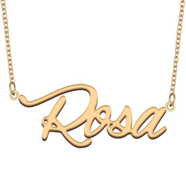 Rosa nom collier personnalisé plaque signalétique pendentif pour femmes filles cadeau d'anniversaire enfants meilleurs amis bijoux en acier inoxydable plaqué or 18 carats