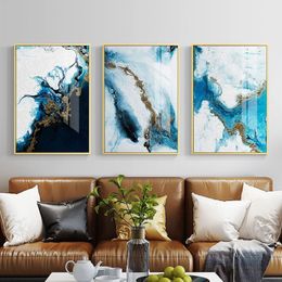 Affiche de peinture sur toile de couleur abstraite nordique bleu spalsh doré, décor unique imprimé, images d'art mural pour salon chambre à coucher 2717