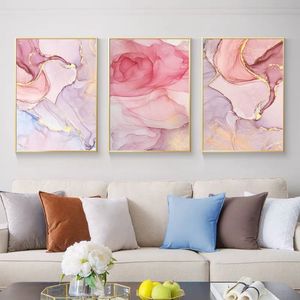 Affiche et imprimés roses avec ligne de feuille d'or abstraite nordique, peinture sur toile, tableau d'art mural pour chambre de fille, salon, maison De301p