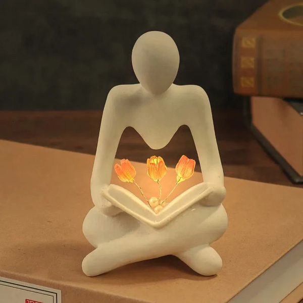 Nordic Abstract Thinker Statue Lights Creative Reader Tulip Livre Sculpture Night Lampe Collection Bibelle Figurines Décor 240124