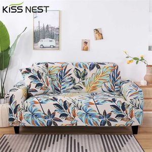 Nordic All-inclusive Gedrukt Elastische Bladeren Patroon Sofa Cover Chaise Longue Single Three Seater Couch Woonkamer 211116