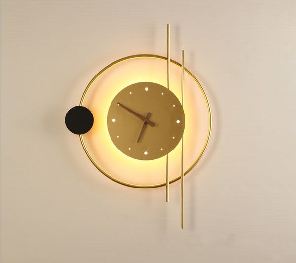 Nordic Art Deco Anillo de oro negro Reloj de metal Lámpara de pared Led Loft industrial Pasillo Escaleras Sconce Luz de la sala de estar