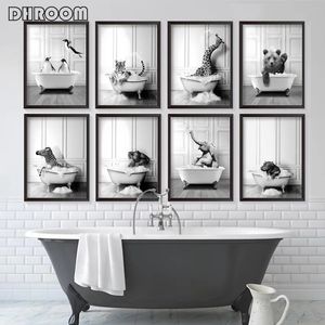 Nordic Bathroom Decoration Animal Poster Elephant Giraffe Toilet Bathtub Black White Canvas Painting Retro Wall Art Home Decor L01