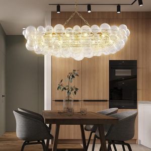 Lustre en verre pivotant avec boule à bulles pour salle à manger nordique, dessus de table de 51 pouces, grand luminaire en verre soufflé doré et transparent ondulé pour îlot de cuisine