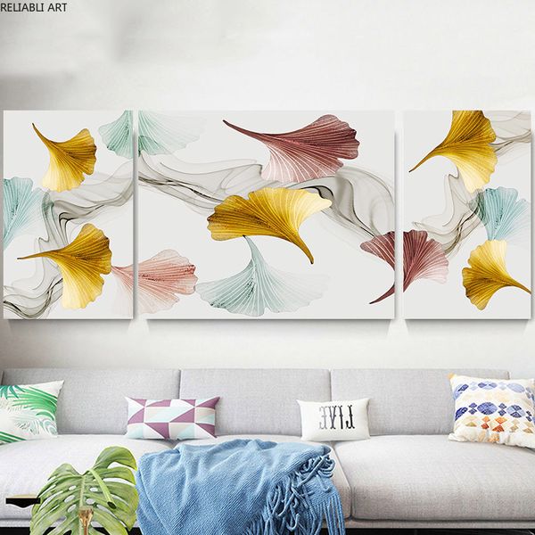 Pinturas de lona nórdica, póster de Ginkgo Biloba dorado para sala de estar, Cuadros de arte de estilo minimalista, impresión moderna de lujo para decoración del hogar