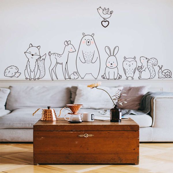 Autocollant mural Animal de dessin animé nordique, ours timide, renard, chambre d'enfant, sparadrap créatifs, décoration de maison, fourniture de papier peint
