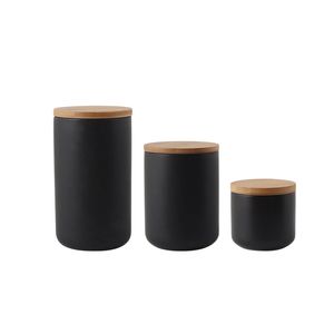 Tarro de almacenamiento de cerámica nórdica con tapa de bambú, juego de 3 recipientes sellados herméticamente para café, té, azúcar, especias, negro y blanco