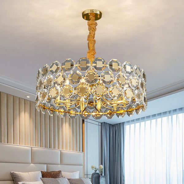 Lámpara de araña LED de cristal de cadena nórdica, accesorios de iluminación de Metal dorado, lámparas colgantes redondas de lujo para sala de estar, comedor, dormitorio