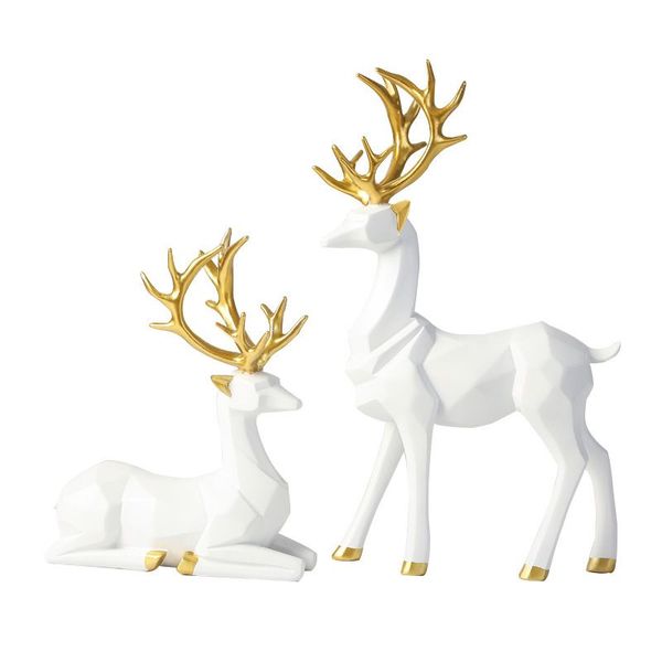 Objets décoratifs de renne de Noël nordique Figurine géométrique en résine assis debout Statue de cerf d'élan pour la décoration de bureau à domicile 2 pièces