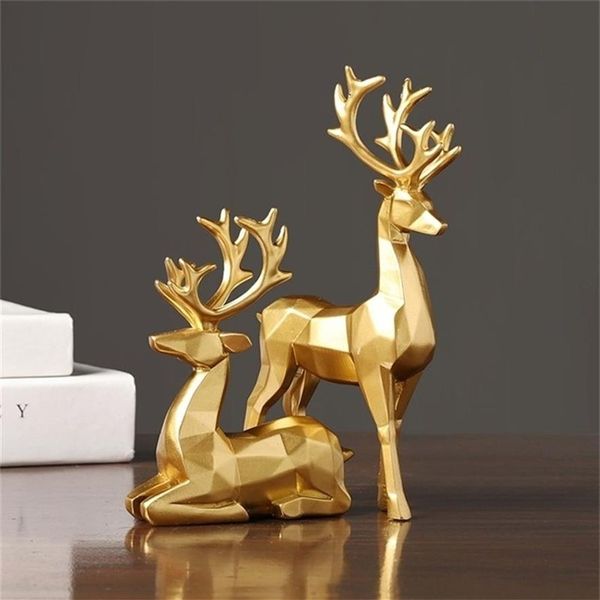 Figurine de renne de Noël nordique 2 pièces résine géométrique assis debout statue de cerf d'élan pour la décoration de bureau à domicile He 211108269M