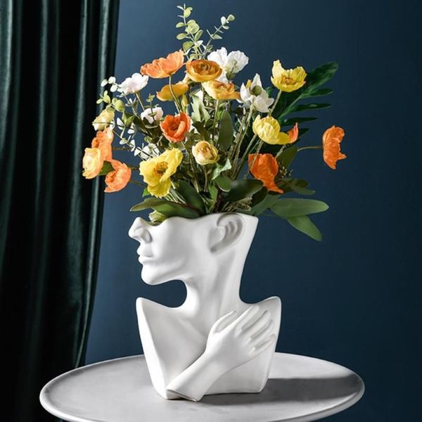 Vase en céramique créatif nordique tête humaine abstraite demi-corps pot de fleur arrangement de fleurs visage humain décoration de maison moderne 3323