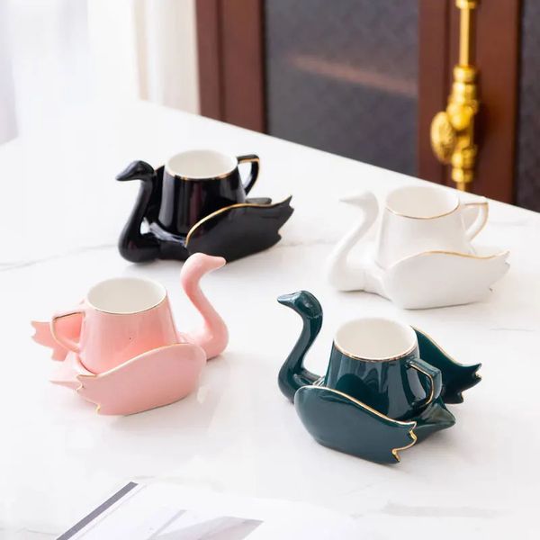 Juego de platillos y tazas de café de cisne creativo nórdico con borde dorado, tazas y platillos de cerámica pequeños y bonitos en blanco, negro, verde y rosa, regalos encantadores 240222