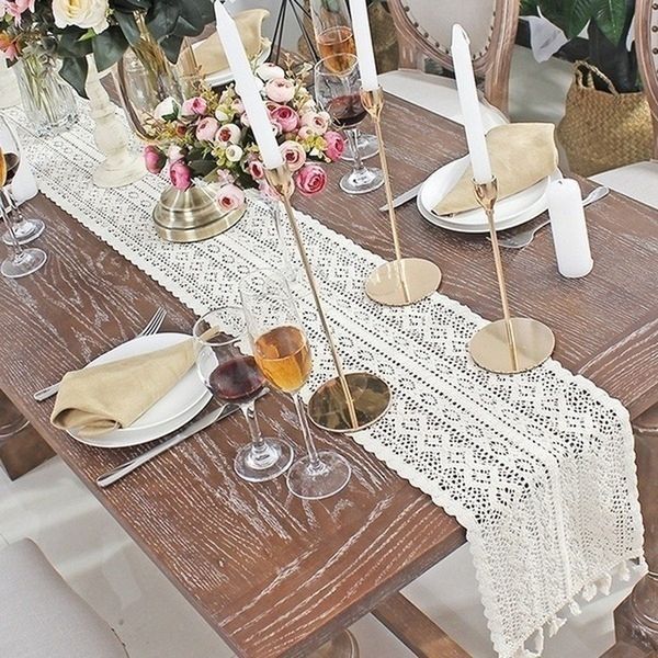 Runner de mesa de encaje de crochet nórdico con tabla de boda de mantel de borde de borla