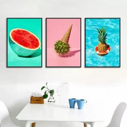 Nordic Dessert Pink Toile peinture mur Art Ice Cream Cake Watermelon Pineapple Fruit Original Foods Affiches Affiches et imprime