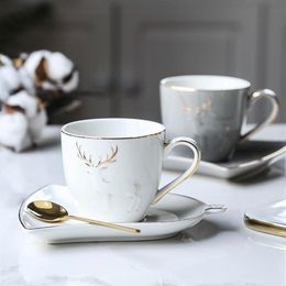 Tasse à café à bord doré en forme d'élan, style nordique, avec plateau en forme de feuille, ensemble de cuillères à café, gobelet domestique, Cappuccino, expresso, support de tasse, 155z