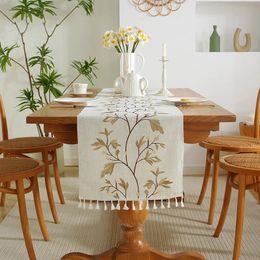 Chemin de Table en forme de plante brodée nordique, feuilles kaki, tapis à thé, en coton et lin, décoration de maison, nappe de salle à manger y240307