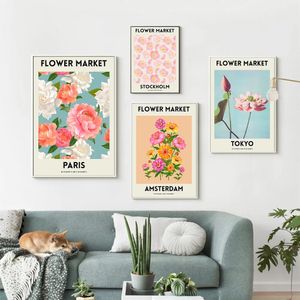 Pintura en lienzo de plantas de flores nórdicas, carteles e impresiones de Ámsterdam, París, imágenes de pared de Estocolmo y Tokio para decoración de sala de estar y dormitorio, sin marco Wo6