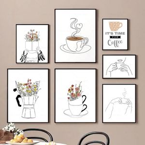 Nordic Bloemen Wall Art Pictures Print Minimalistische Lijn Koffie Canvas Schilderij Cafe Shop Posters Keuken Muur Decor w06