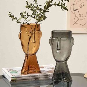 Nordique verre tête humaine Vase créatif artistique visage fleurs séchées Pot de fleur conteneur décor à la maison artisanat accessoires 210610156T