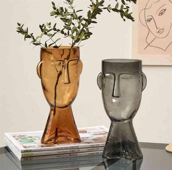 Nordique verre tête humaine Vase créatif artistique visage fleurs séchées Pot de fleur conteneur décor à la maison artisanat accessoires 2106102021147