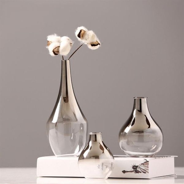 Vase en verre nordique créatif dégradé d'argent, Vase de fleurs séchées, ornements de bureau, décoration de la maison, cadeaux amusants, Pots de plantes, ameublement T2260P