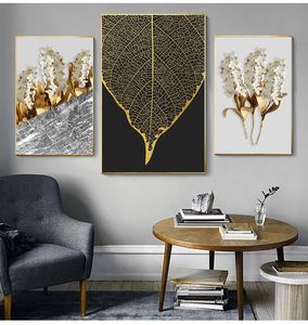 Noordse gouden abstracte blad bloemposter muur kunst canvas schilderen schilderen zwart witte veren print muur foto voor woonkamer decor