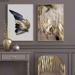 Toile d'art mural nordique avec ailes dorées et noires, feuilles abstraites, imprimés et affiches d'art mural pour décoration de salon et de maison, 3238