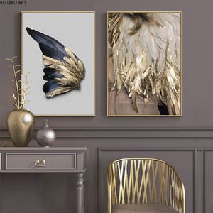 Toile d'art mural nordique avec ailes dorées et noires, feuilles abstraites, imprimés et affiches d'art mural pour décoration de salon et de maison, 206o