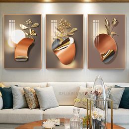 Noordse gouden bloem luxe 3D bloemen canvas schilderen Gouden bladeren posters en print lichte schaduwwandkunst voor veranda woonkamer