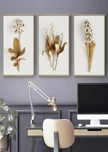 Nordic Golden Plant Feuilles and Flowers Wall Art Pictures toile Peinture Cuadros Affiches et imprimés pour le décor de salon5403543