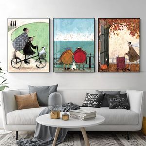 Nordique famille heureuse dessin animé salon peinture décorative triptyque moderne Simple fresque canapé fond peinture murale suspendus photo