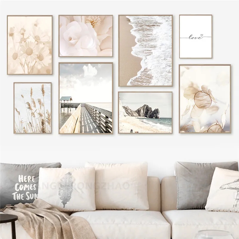 Nordic Home Decor Wall Art Canvas Schilderij Beige Bloem Strand Landschap Foto Bohemen Poster en Print voor Woonkamer Decor grappig Ontwerp w06