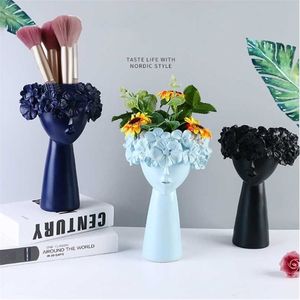 Nordic Woondecoratie Hars Vaas Standbeeld Sculptuur Make-up Borstel Houder Opbergdoos Pen Creative Flower Pot Art Supplies 211215