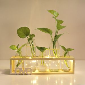 Nordic Hydroponic Vaas Woondecoratie Moderne Glazen Container Groene Plant Decoratieve Woonkamer Bureau Houten Decor Accessoires T200703