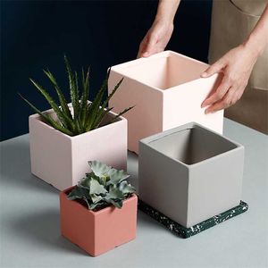 Nordic industriële stijl kleurrijke keramische bloem plant pot succulente planter groene kubus vorm bloempot met gat bijpassende lade 211130