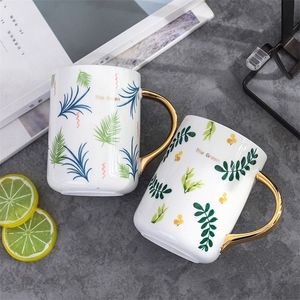 Nordic ins petite poignée de traçage d'or frais créatif plante verte tasse de bureau en céramique café thé au lait grande tasse 480 ml T200506