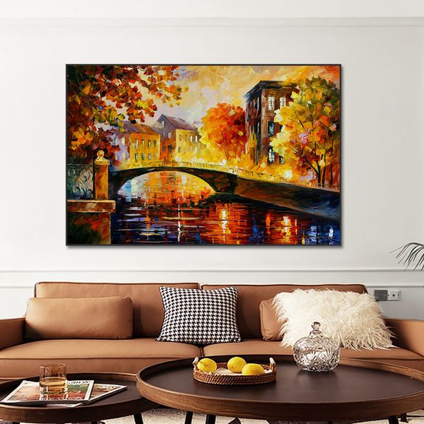 Peinture à l'huile de paysage nordique, pont de rivière, Art abstrait, peinture à l'huile, salon, couloir, bureau, décoration murale de la maison